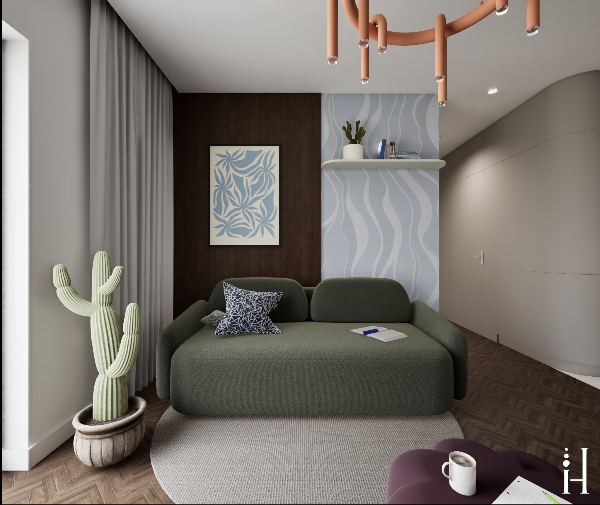 Stylowy salon z zieloną sofą, wzorzystą tapetą i dekoracyjnym kaktusem. Nietypowa lampa sufitowa i drewniana podłoga dodają wnętrzu charakteru. Nowoczesny design.