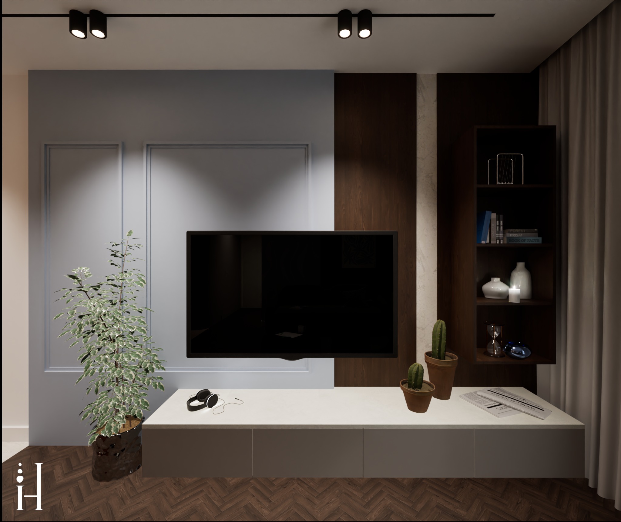 Nowoczesny salon z telewizorem na tle ściany w odcieniach szarości i brązu. Minimalistyczna szafka RTV, roślina doniczkowa i dekoracje tworzą spójną całość.