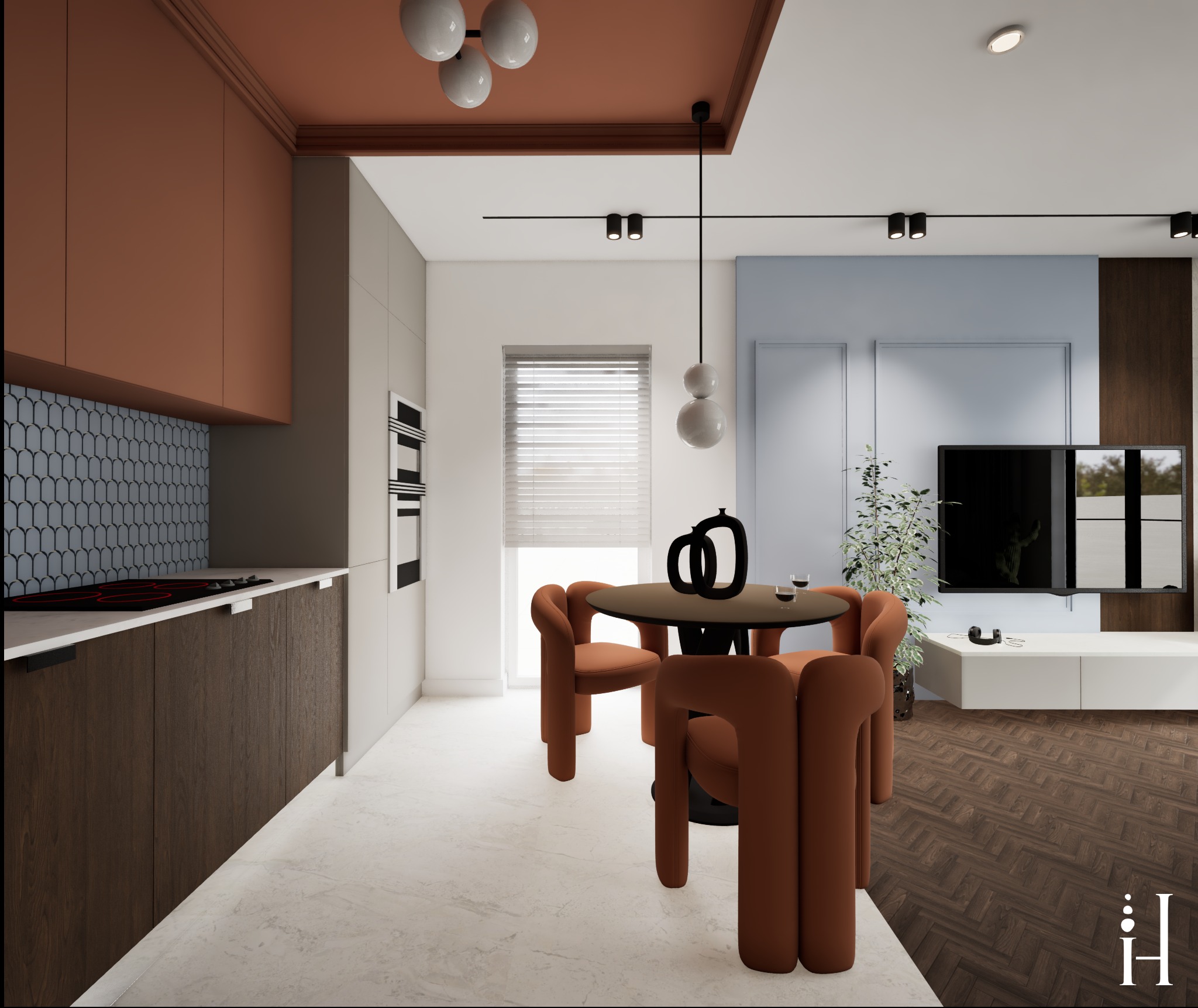 Nowoczesna aranżacja wnętrza z otwartą kuchnią, jadalnią i salonem. Uwagę przykuwają designerskie krzesła w kolorze terakoty i geometryczne oświetlenie.