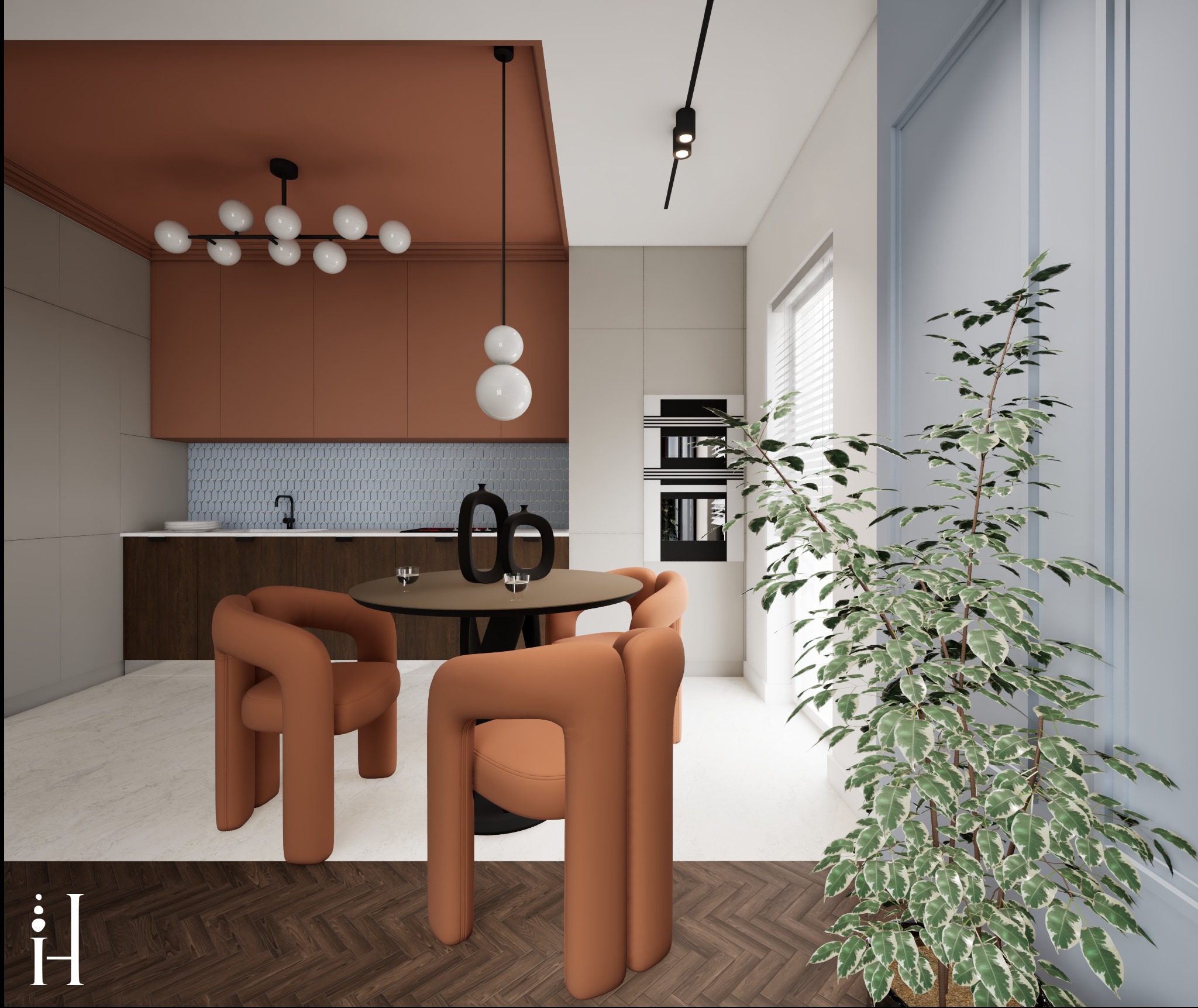 Wnętrze kuchni z jadalnią w odcieniach brązu i szarości. Uwagę przykuwają designerskie krzesła i lampy. Całość dopełnia roślina doniczkowa.