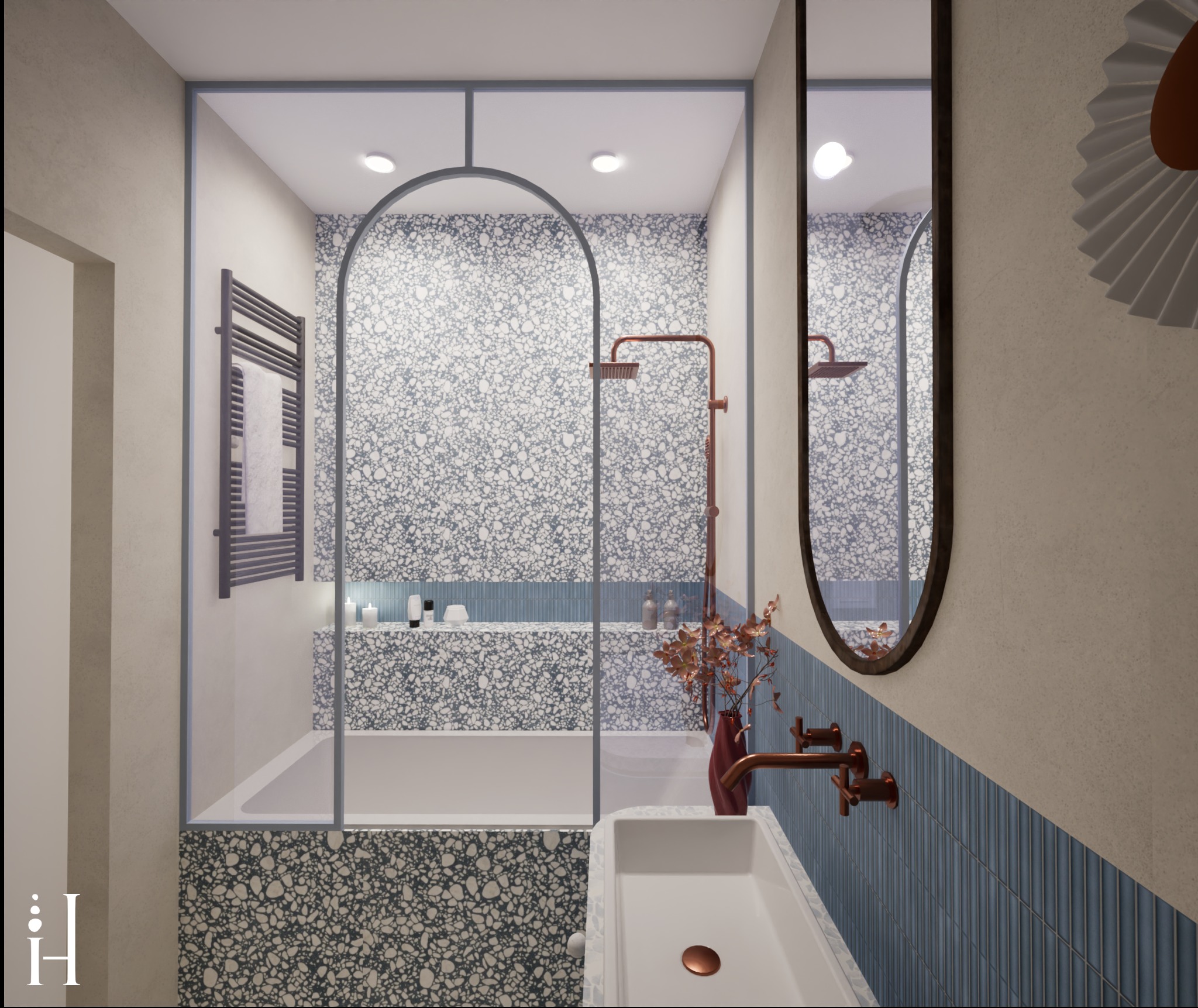 Nowoczesna łazienka z wanną obudowaną mozaiką, miedzianą armaturą i lustrem owalnym. Umywalka nablatowa, dekoracyjny grzejnik i akcenty w stylu retro.