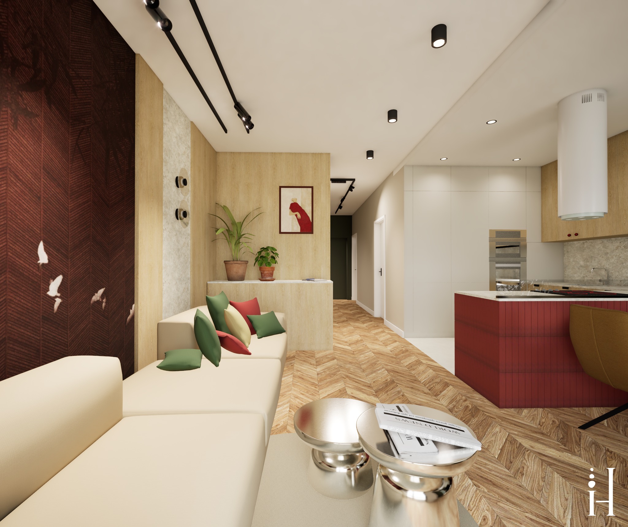 Wnętrze salonu z aneksem kuchennym. Parkiet w jodełkę, beżowa sofa z kolorowymi poduszkami, stoliki kawowe. Ciemna ściana z motywem ptaków, oświetlenie szynowe.