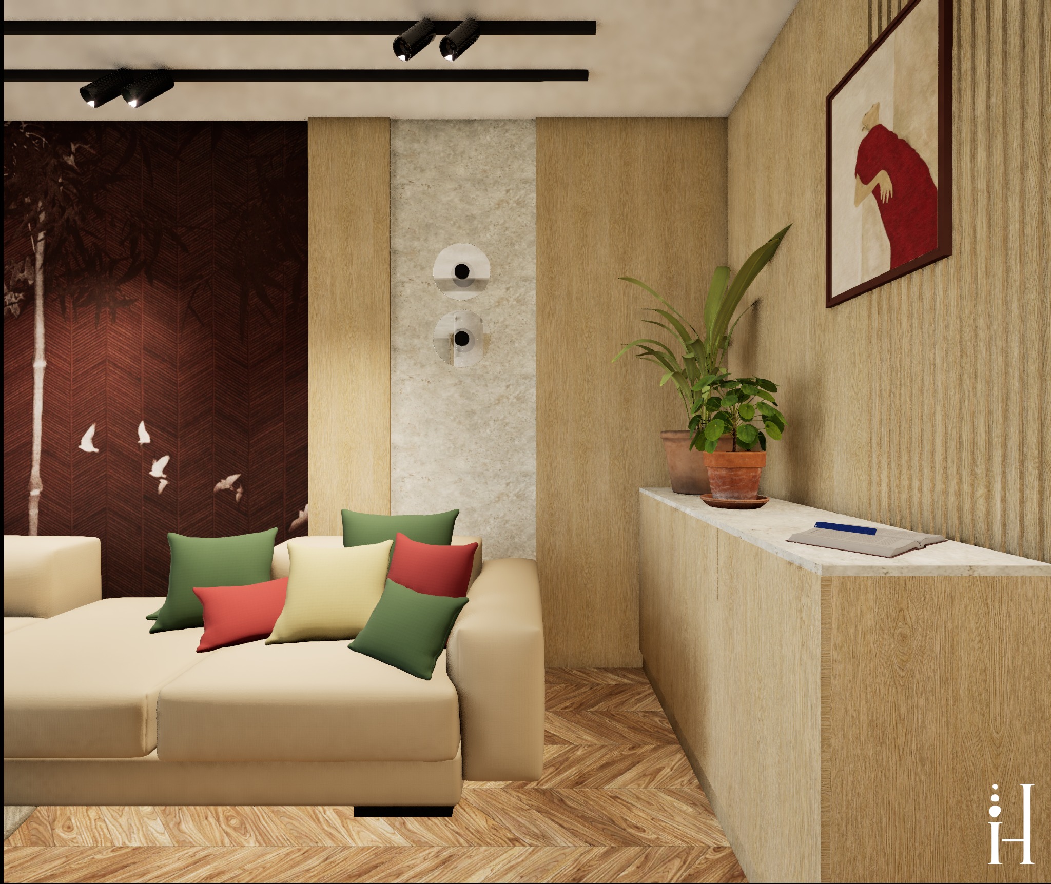 Wizualizacja salonu z beżową sofą, kolorowymi poduszkami, drewnianą podłogą w jodełkę i ścianą z motywem drzewa. Na komodzie rośliny w doniczkach i książka.