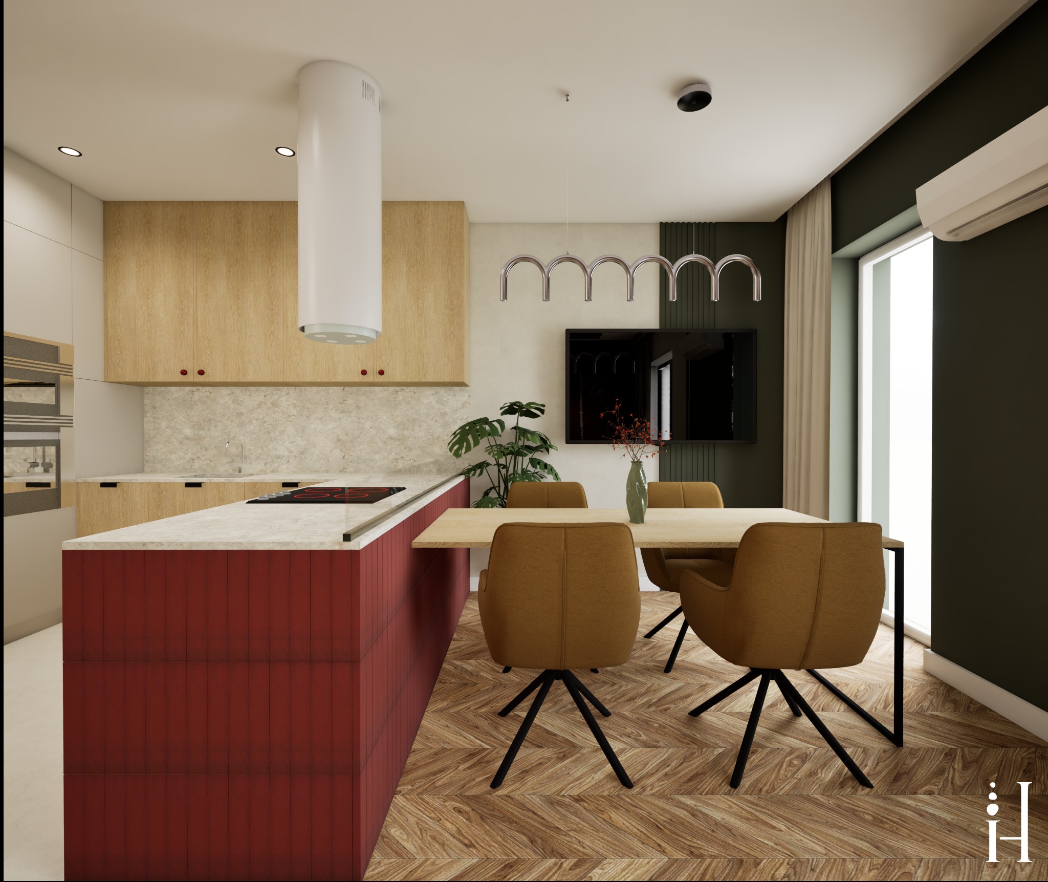 Wnętrze kuchni z jadalnią: drewniane szafki, czerwona wyspa z płytą, stół z krzesłami na parkiecie w jodełkę. Nowoczesne oświetlenie i zielona ściana dodają charakteru.