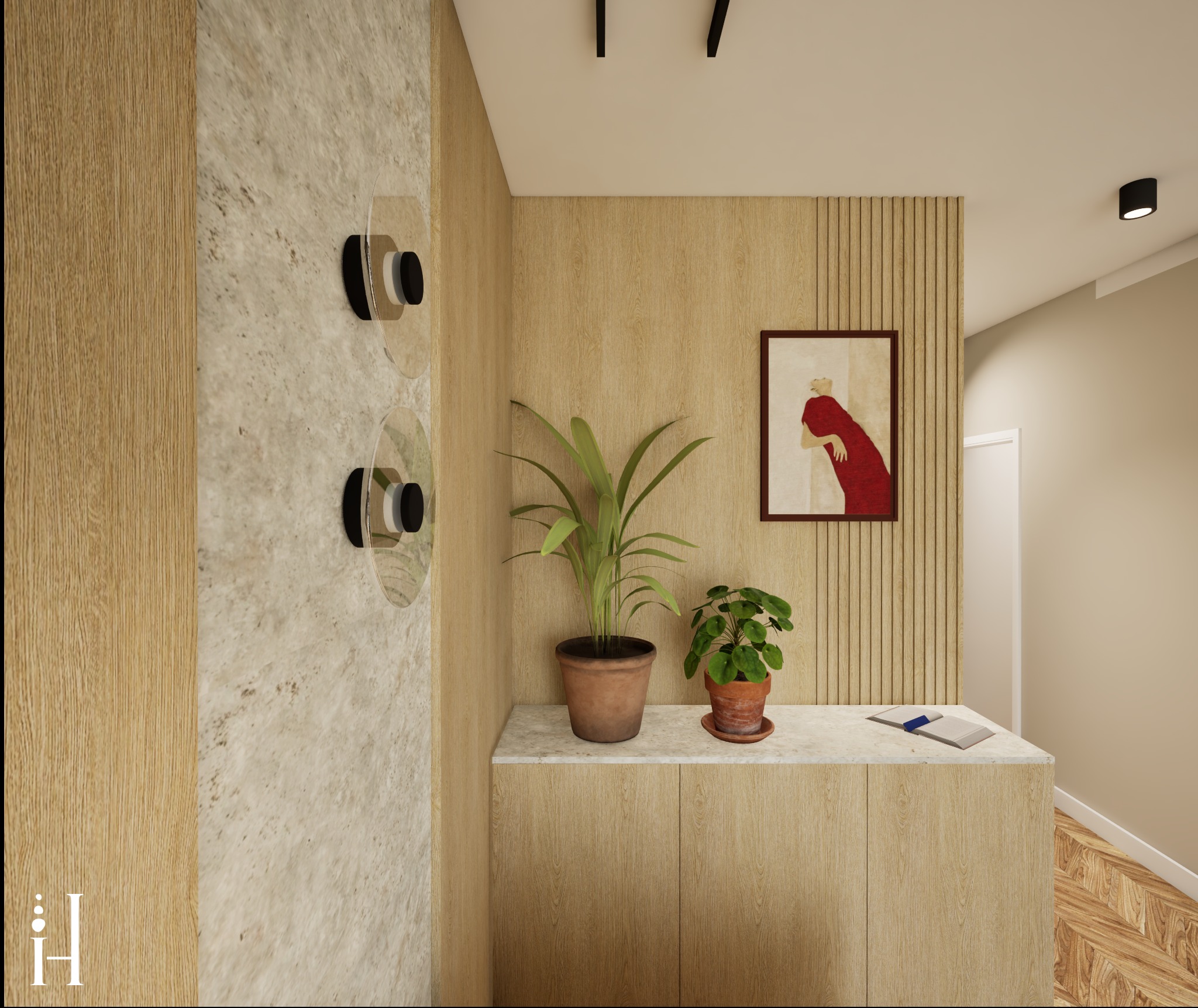 Wnętrze z drewnianą zabudową, roślinami doniczkowymi i abstrakcyjnym obrazem w ramie. Na ścianie okrągłe lampy. Podłoga z parkietem w jodełkę. Ciepłe oświetlenie.