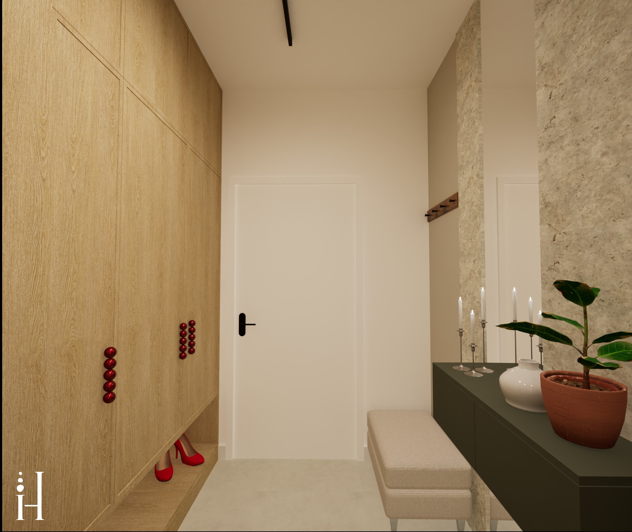 Wnętrze przedpokoju z drewnianą szafą, czerwonymi uchwytami i butami. Na ścianie wieszak, konsola z rośliną i świecami. Minimalistyczny design, ciepłe oświetlenie.