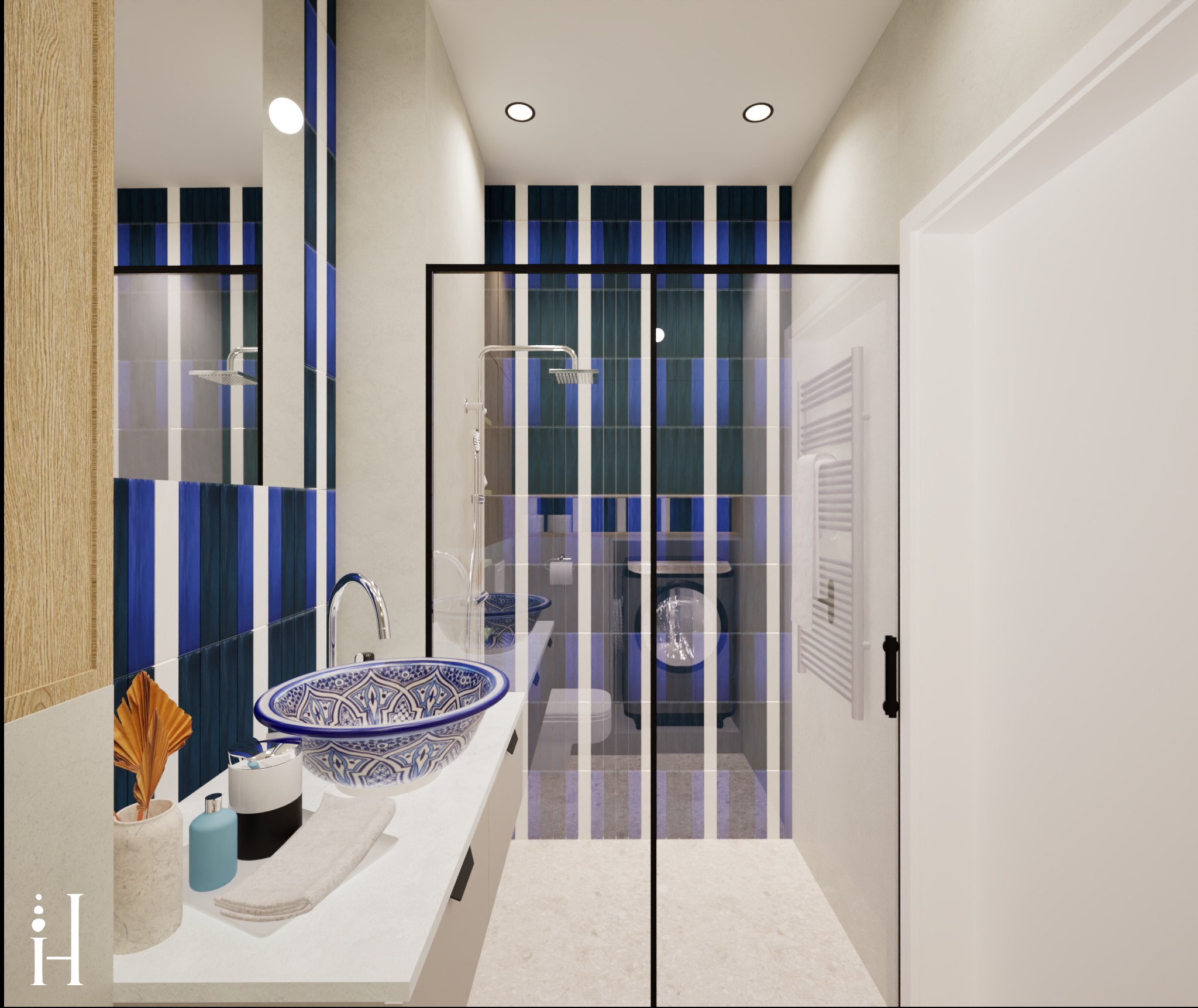 Wizualizacja łazienki z umywalką w stylu marokańskim, kabiną prysznicową ze szklaną ścianką i pralką w tle. Płytki w biało-niebieskie pasy. Nowoczesny design.