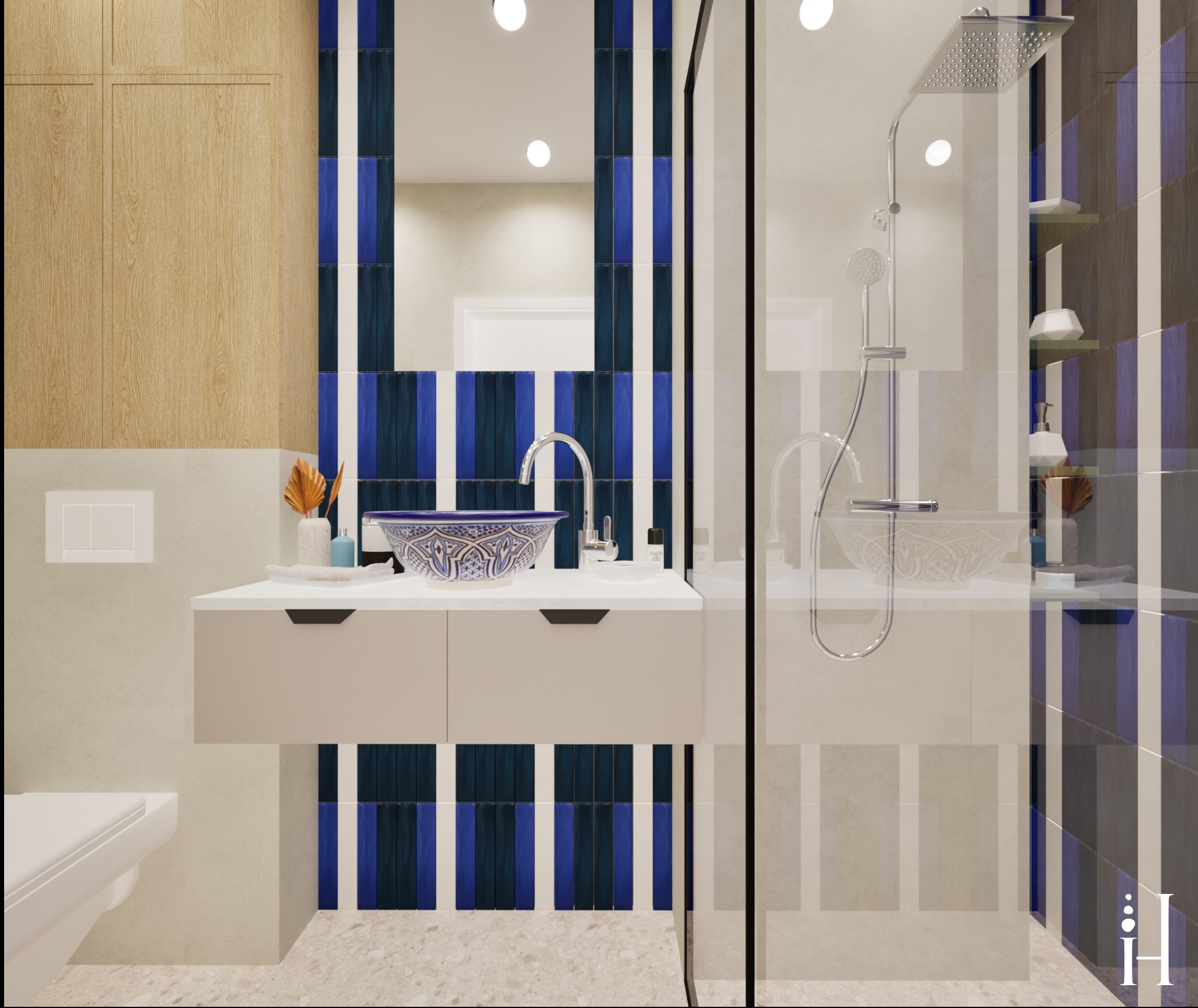 Wizualizacja łazienki z umywalką w stylu marokańskim, kabiną prysznicową i drewnianą szafką. Płytki w biało-niebieskie pasy dodają wnętrzu charakteru.