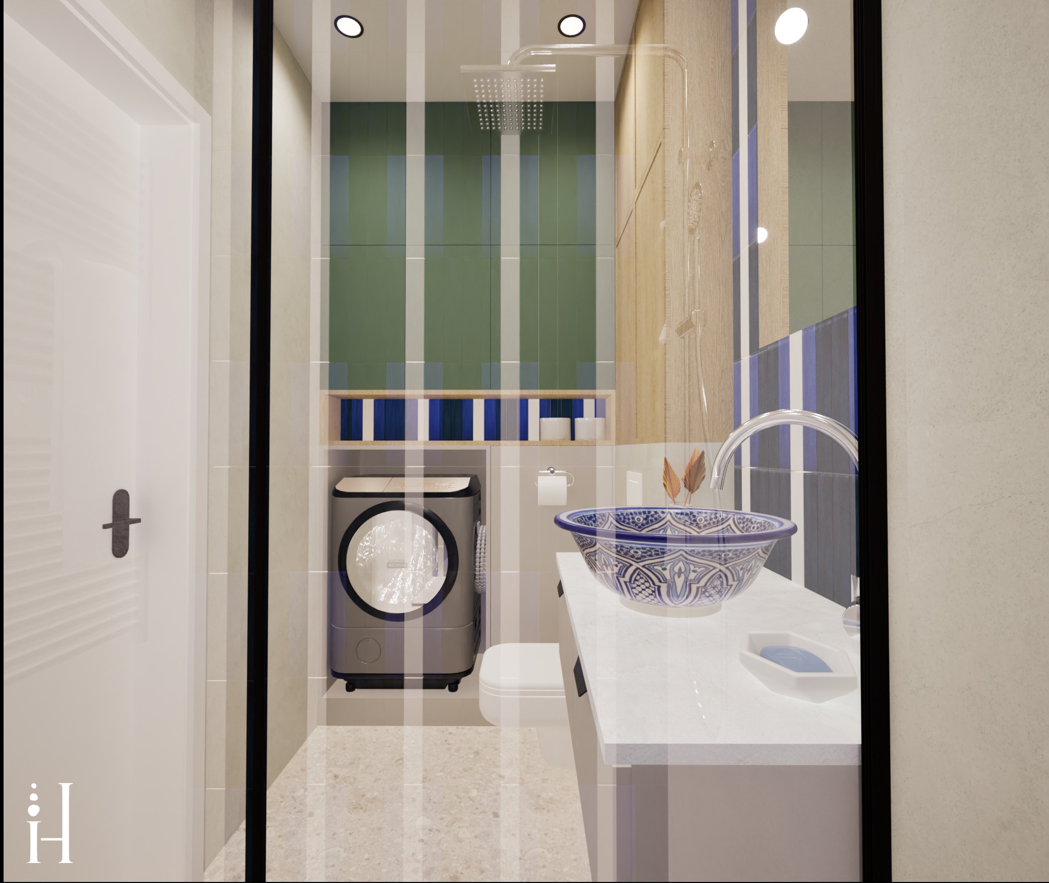 Nowoczesna łazienka z pralką, umywalką w stylu marokańskim i kabiną prysznicową z zielono-białymi pasami. Jasne wnętrze z akcentami drewna i błękitu.