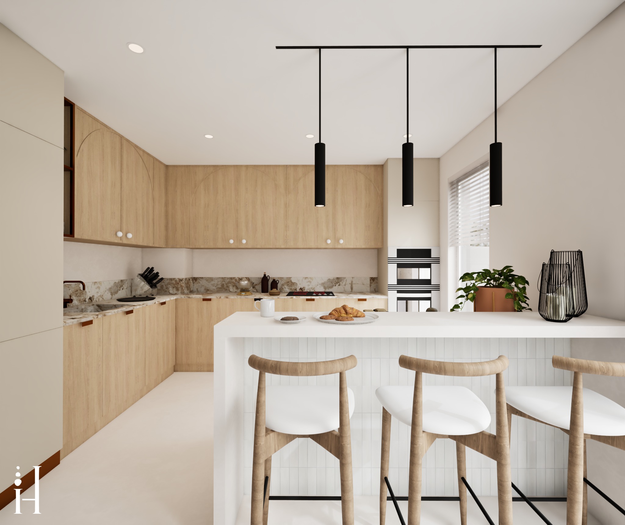 Nowoczesna kuchnia z drewnianymi szafkami o łukowatych frontach, białym blatem i hokerami. Minimalistyczne lampy wiszące i marmurowy backsplash dodają elegancji.