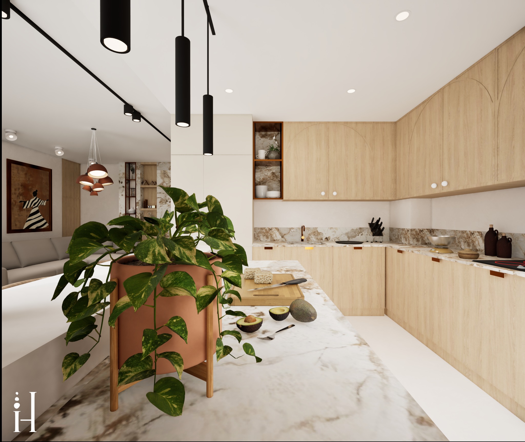 Jasna kuchnia z drewnianymi szafkami, marmurowym blatem i zielonym kwiatem w doniczce. W tle salon z sofą i obrazem zebry. Nowoczesne oświetlenie.