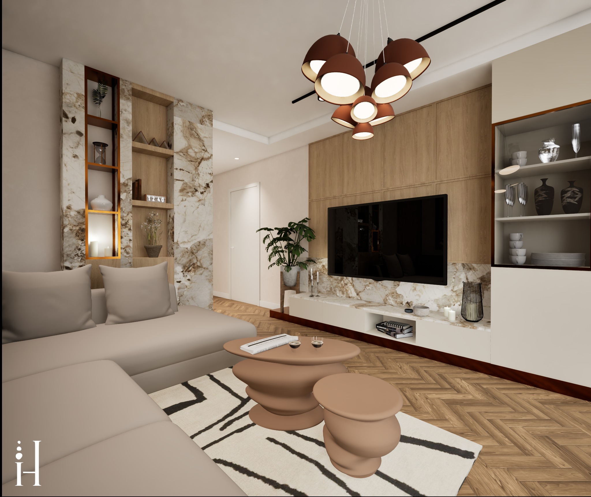 Wizualizacja salonu z beżową sofą narożną, marmurową ścianą z półkami i drewnianą ścianą TV. Okrągłe stoliki kawowe i wzorzysty dywan dodają charakteru.