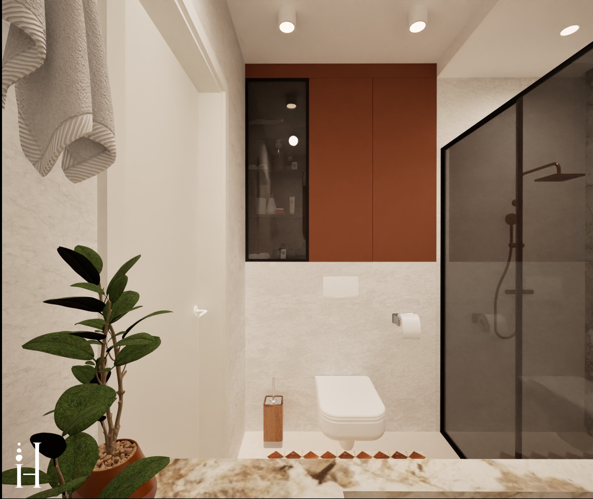 Wizualizacja nowoczesnej łazienki z brązowymi akcentami: szafka, kabina prysznicowa z deszczownicą, toaleta, roślina doniczkowa i marmurowy blat.
