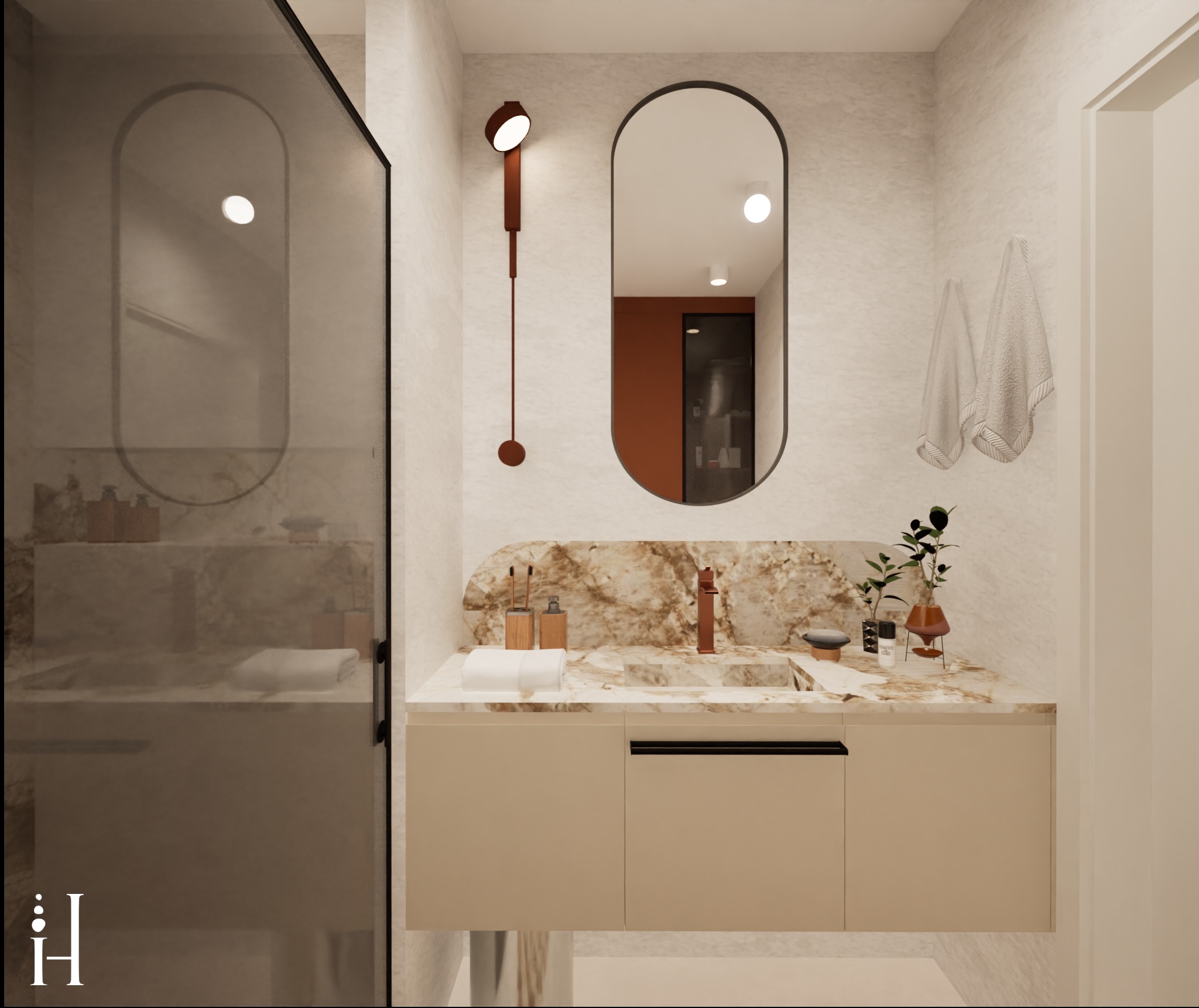 Wizualizacja łazienki z marmurową umywalką, podłużnym lustrem i minimalistyczną lampą. Kabina prysznicowa ze szkła, ręczniki i dekoracyjne rośliny dopełniają aranżację.