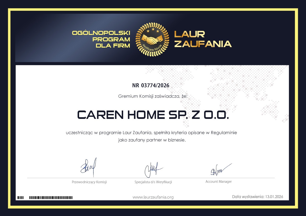 Certyfikat Laur Zaufania dla CAREN HOME SP. Z O.O. potwierdzający spełnienie kryteriów zaufanego partnera w biznesie. Dokument z datą wystawienia 13.01.2026.