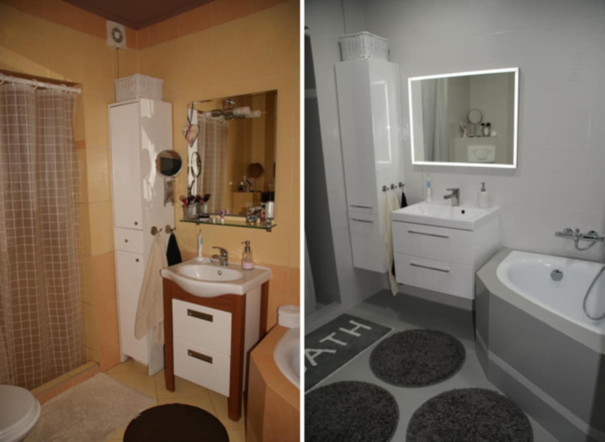 Remont łazienki: porównanie stanu przed i po. Nowoczesna aranżacja z białymi meblami, podświetlanym lustrem i szarą kolorystyką zastępuje starą, żółtą łazienkę.