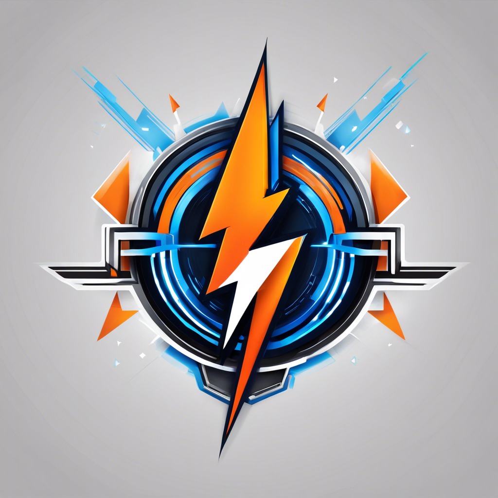 Abstrakcyjna grafika z pomarańczowym piorunem w centrum, otoczonym niebieskimi i czarnymi okręgami oraz geometrycznymi elementami na szarym tle.