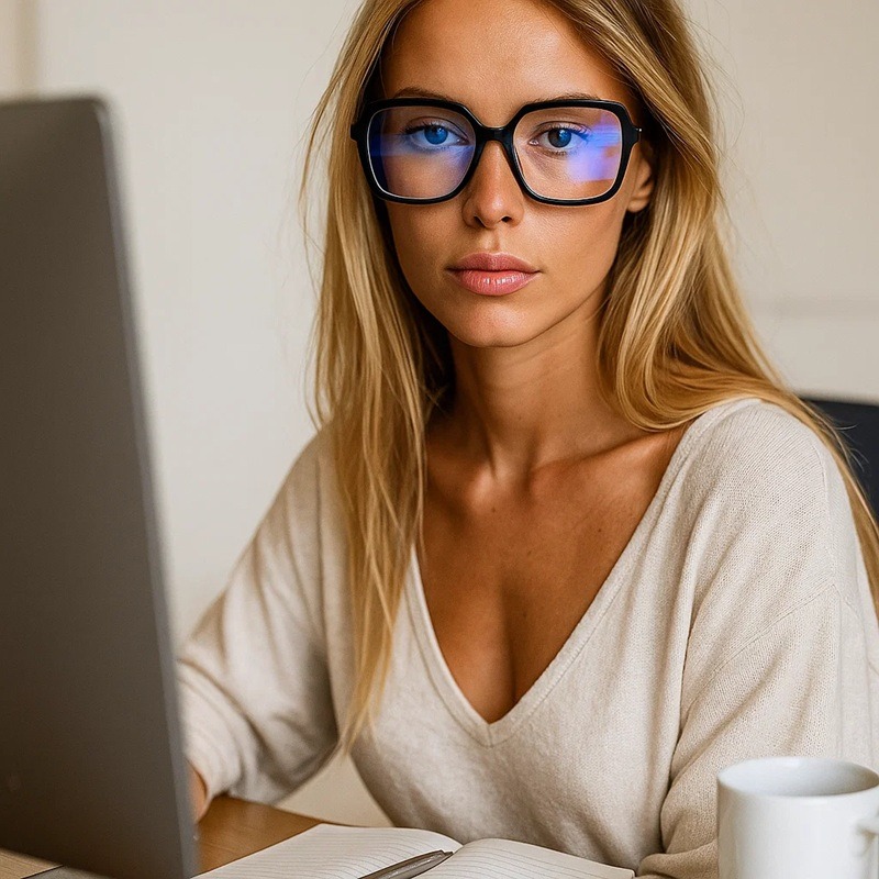 Blondynka w okularach pracuje przy laptopie, notatnik i kubek na biurku. Stonowana kolorystyka, naturalne światło.