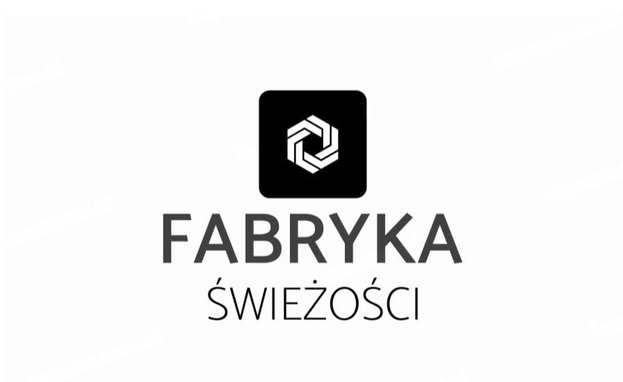 Minimalistyczne logo firmy 'Fabryka Świeżości' z geometrycznym symbolem w czarnym kwadracie nad nazwą, utrzymane w szaro-białej kolorystyce.