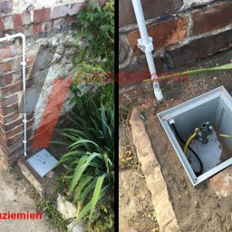 FULGUR GRZEGORZ WILKOSZ - Dwa ujęcia montażu uziemienia: rura PCV przymocowana do ceglanej ściany i skrzynka z elementami uziemiającymi w ziemi. Widoczne przewody i złącza.