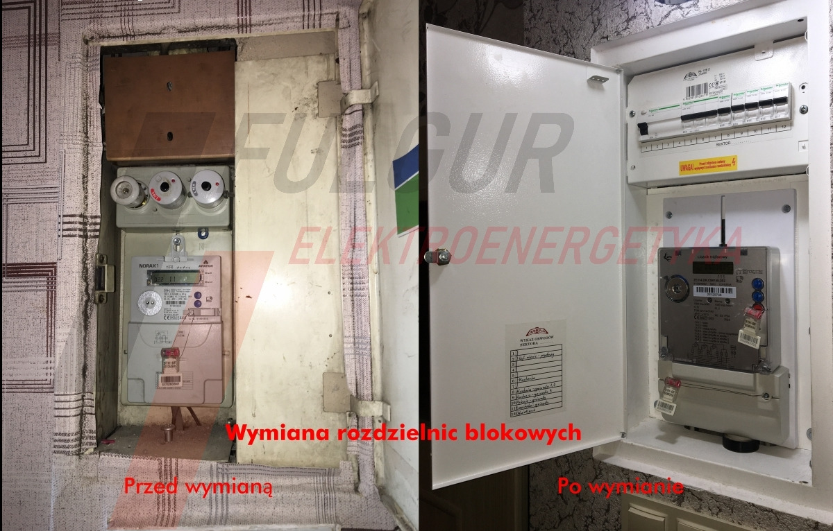 Porównanie: stary i nowy rozdzielnik blokowy. Lewa strona pokazuje stan przed wymianą, prawa po wymianie. Widoczne liczniki i zabezpieczenia.