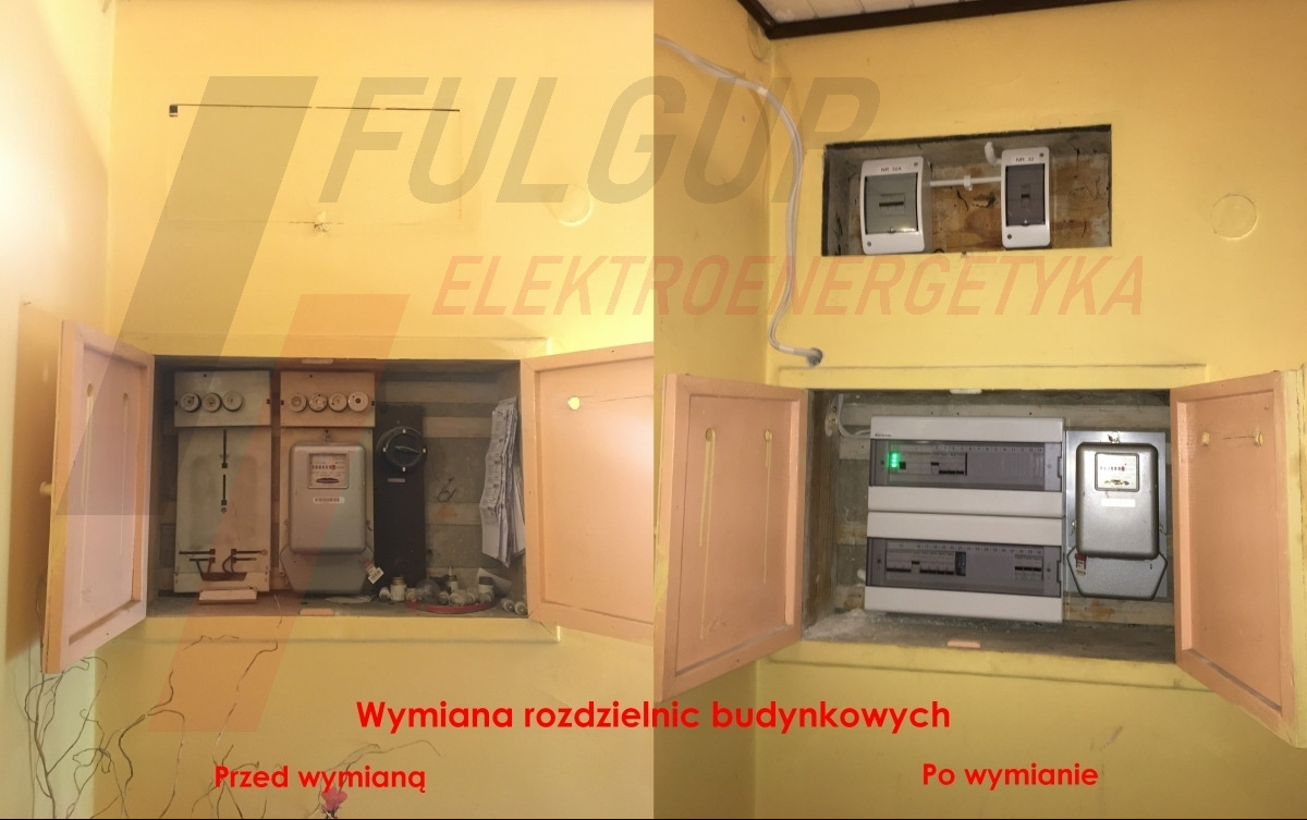 Wymiana rozdzielnicy budynkowej: po lewej stara instalacja z bezpiecznikami topikowymi, po prawej nowa rozdzielnica z zabezpieczeniami nadprądowymi i licznikiem.
