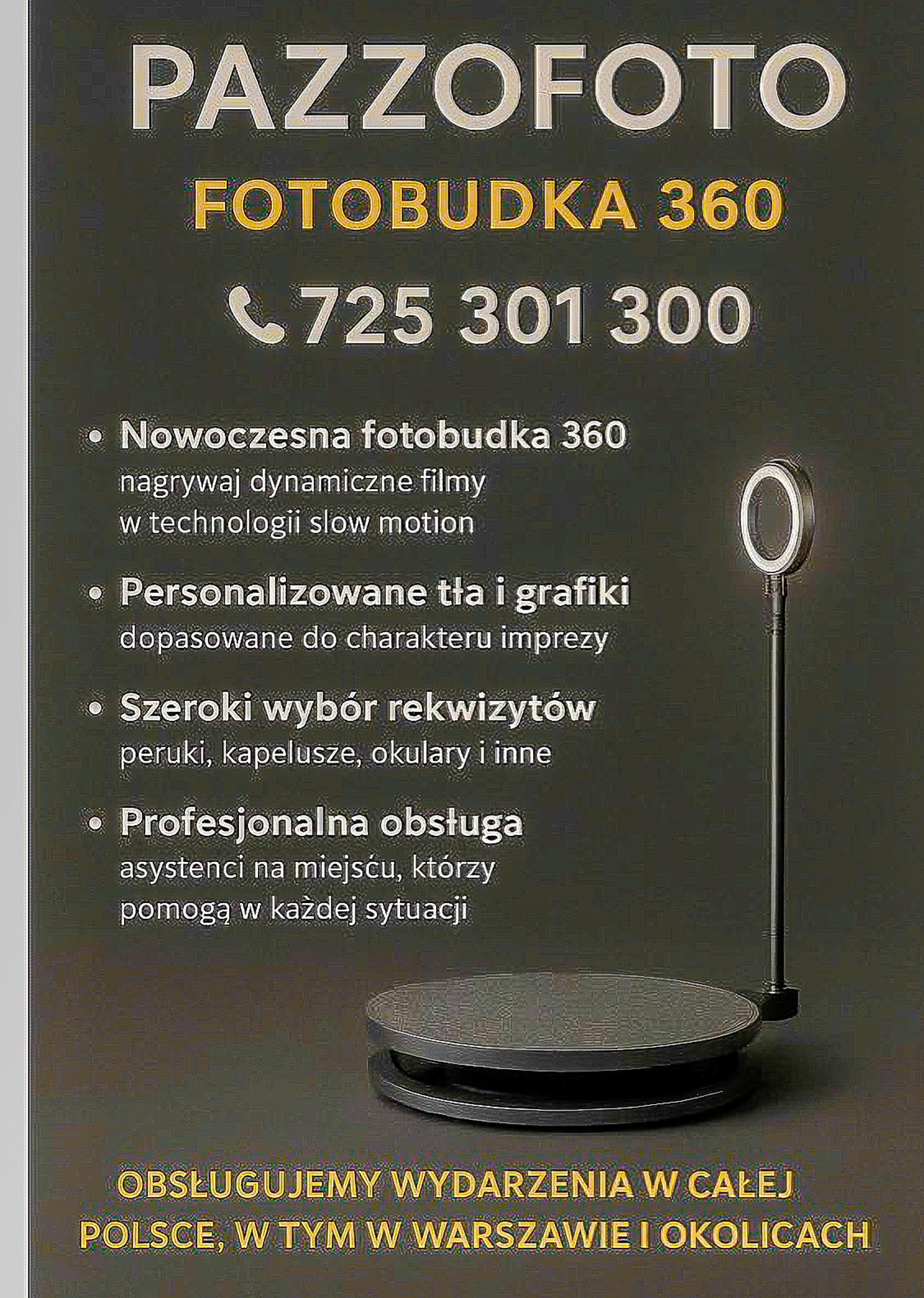 Fotobudka 360 z oświetleniem ring, oferująca nagrywanie filmów slow motion, personalizowane tła i rekwizyty. Obsługa wydarzeń w całej Polsce, w tym w Warszawie.
