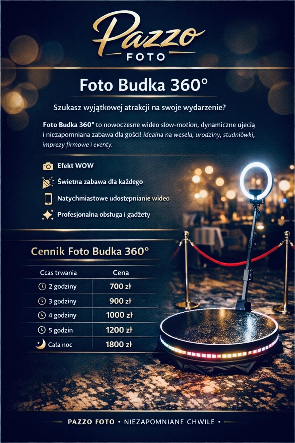 Foto budka 360° z cennikiem, idealna na wesela, urodziny i imprezy firmowe. Nowoczesne wideo slow-motion i niezapomniana zabawa dla gości. Profesjonalna obsługa i gadżety.