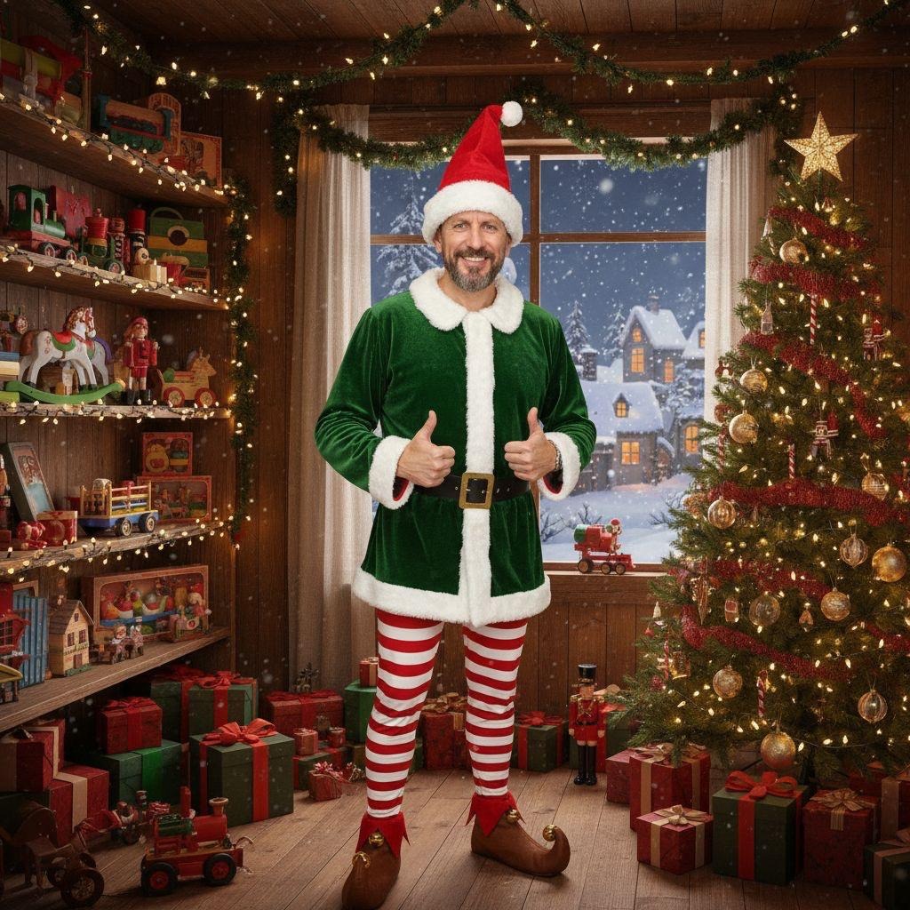 Uśmiechnięty mężczyzna w stroju elfa, z czerwono-białymi rajstopami i zieloną tuniką, pozuje na tle świątecznej scenerii z choinką i prezentami.