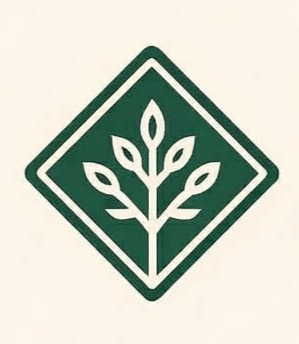 Zielony romb z białym symbolem drzewa z sześcioma liśćmi na beżowym tle. Prosty, wektorowy znak graficzny, prawdopodobnie logo firmy z branży ogrodniczej lub ekologicznej.