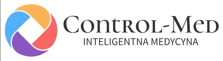 Logo Control-Med z kolorowym symbolem i napisem 'Inteligentna Medycyna'. Nowoczesny design, czcionka bezszeryfowa, jasne tło. Minimalistyczny styl.