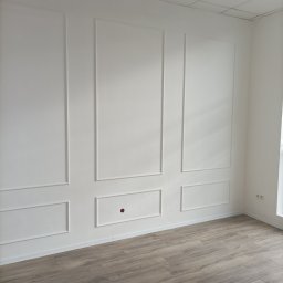 Usługi budowlane Dmytro Krasnikov - Białe ściany z dekoracyjnymi panelami i drewnopodobną podłogą. Widoczne gniazdka elektryczne i otwór na instalację. Minimalistyczny design wnętrza.