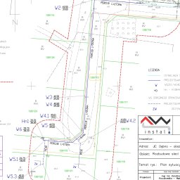 AW-instal Pracownia Projektowa Karolina Kruczkowska-Wężyk - Plan sytuacyjny rozbudowy sieci instalacji, z oznaczeniami rzędnych terenu, długości odcinków i numerami działek. Legenda objaśnia symbole istniejących i projektowanych elementów.