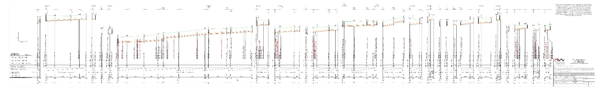 Szczegółowy plan inżynieryjny z licznymi oznaczeniami i danymi technicznymi, prezentujący przekrój instalacji z uwzględnieniem poziomów i odległości.