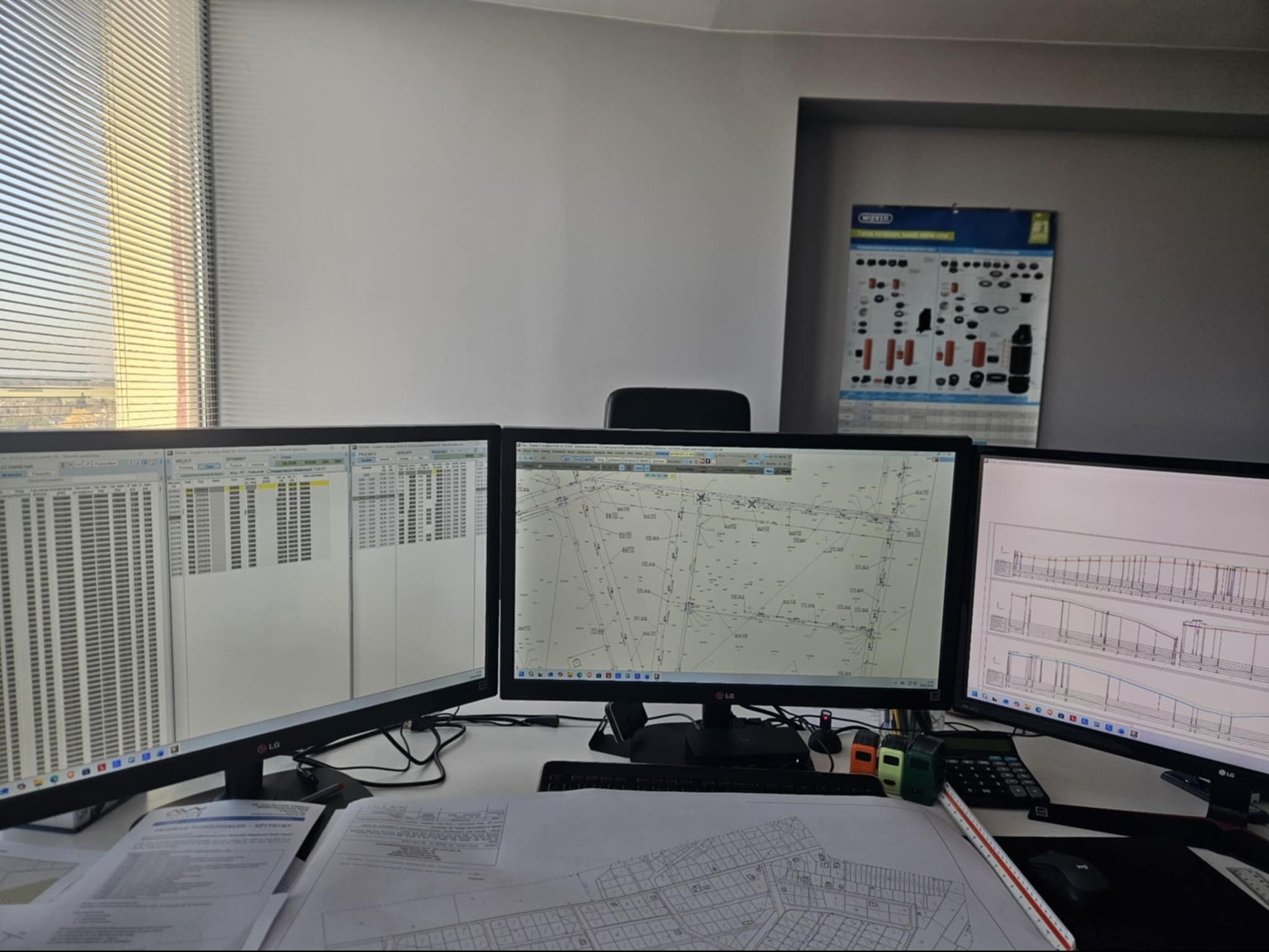Biuro projektowe: trzy monitory z planami instalacji, kalkulator, miarka, dokumenty. Widok zza biurka, światło dzienne z okna z żaluzjami.