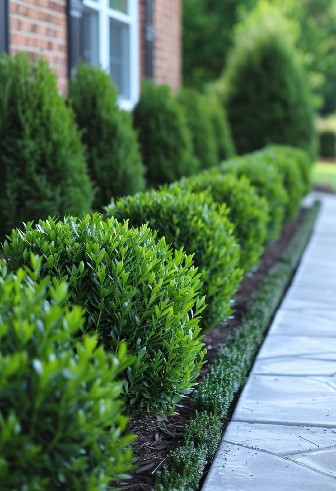 Równy rząd bukszpanów i stożkowych iglaków wzdłuż chodnika przy domu z cegły, świeżo po przycięciu, z widoczną ściółką z kory. Perspektywa z dołu.
