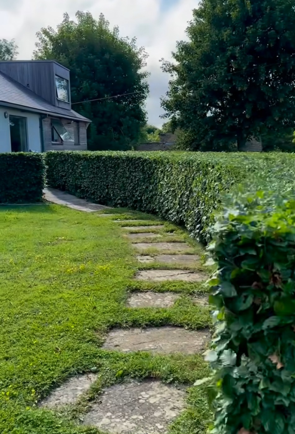 Uporządkowany ogród z równo przyciętym żywopłotem, kamienną ścieżką i fragmentem nowoczesnego domu w tle, prezentujący efekt pielęgnacji zieleni.
