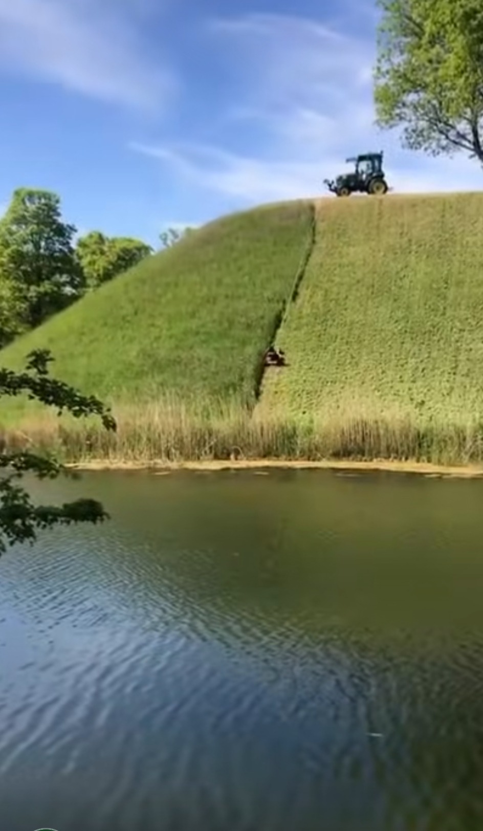 Traktor kosi trawę na stromym zboczu wzgórza, widok z perspektywy jeziora. Część trawy już skoszona, widoczna różnica wysokości. Błękitne niebo w tle.