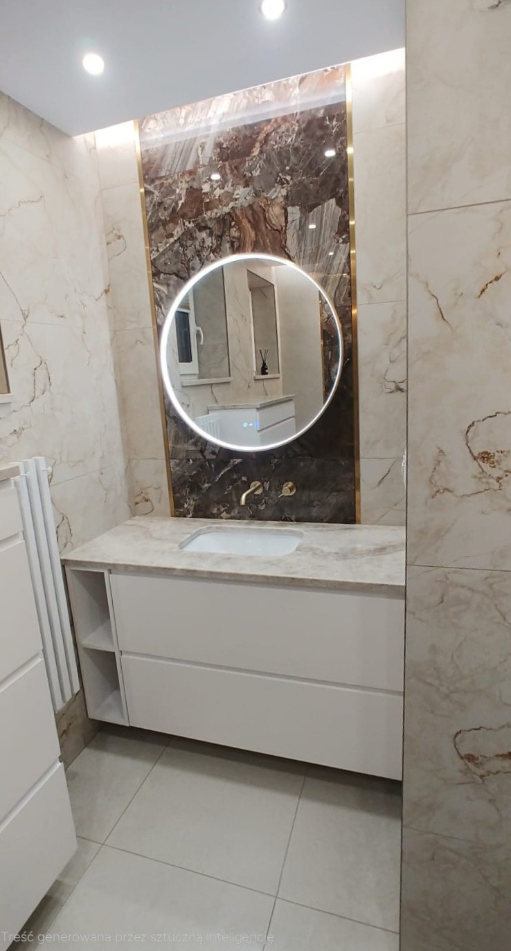 Wykończona łazienka z marmurowymi płytkami, okrągłym lustrem z podświetleniem LED i białą szafką pod umywalką z złotą armaturą. Widoczne odbicie wnętrza w lustrze.