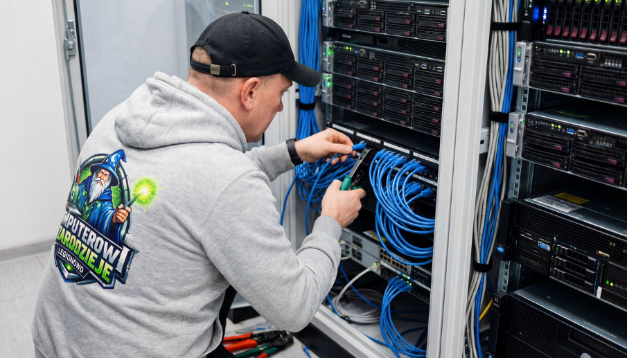 Instalator w szarej bluzie z logo, w czapce, przy szafie serwerowej, zaciska kable sieciowe niebieskiego koloru. Widoczne serwery i przełączniki.