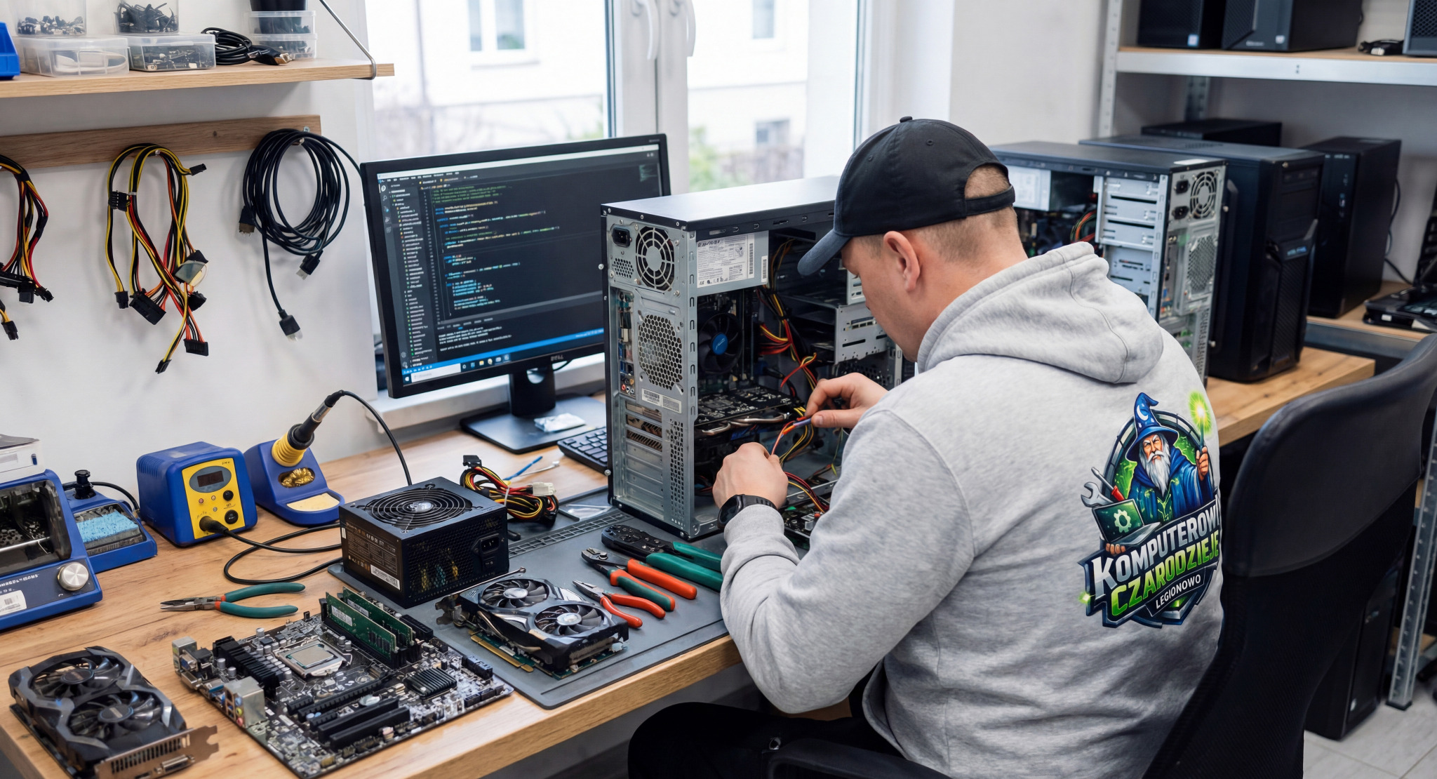 Serwisant w bluzie z logo firmy naprawia komputer stacjonarny. Na biurku płyty główne, zasilacz, narzędzia. W tle monitor z kodem i inne komputery.