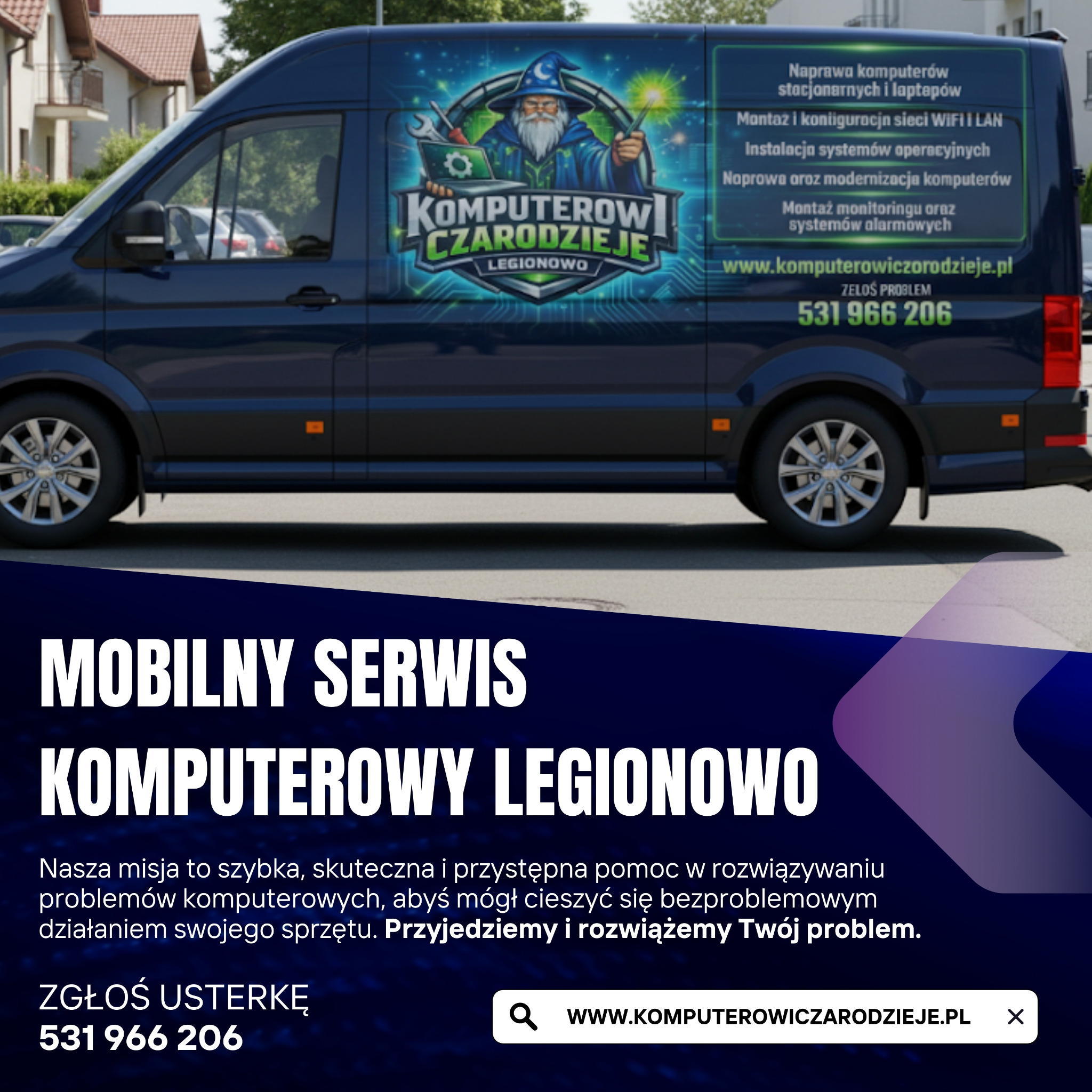 Mobilny serwis komputerowy z Legionowa na samochodzie dostawczym z grafiką czarodzieja i informacjami o naprawie komputerów i sieci. Reklama firmy.