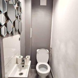 NRBT Ekspert - Mariusz Jakubas - Nowoczesna, wąska łazienka po remoncie: biała toaleta, umywalka z szafką, lustra w kształcie plastra miodu i marmurowy dywanik. Oświetlenie sufitowe.