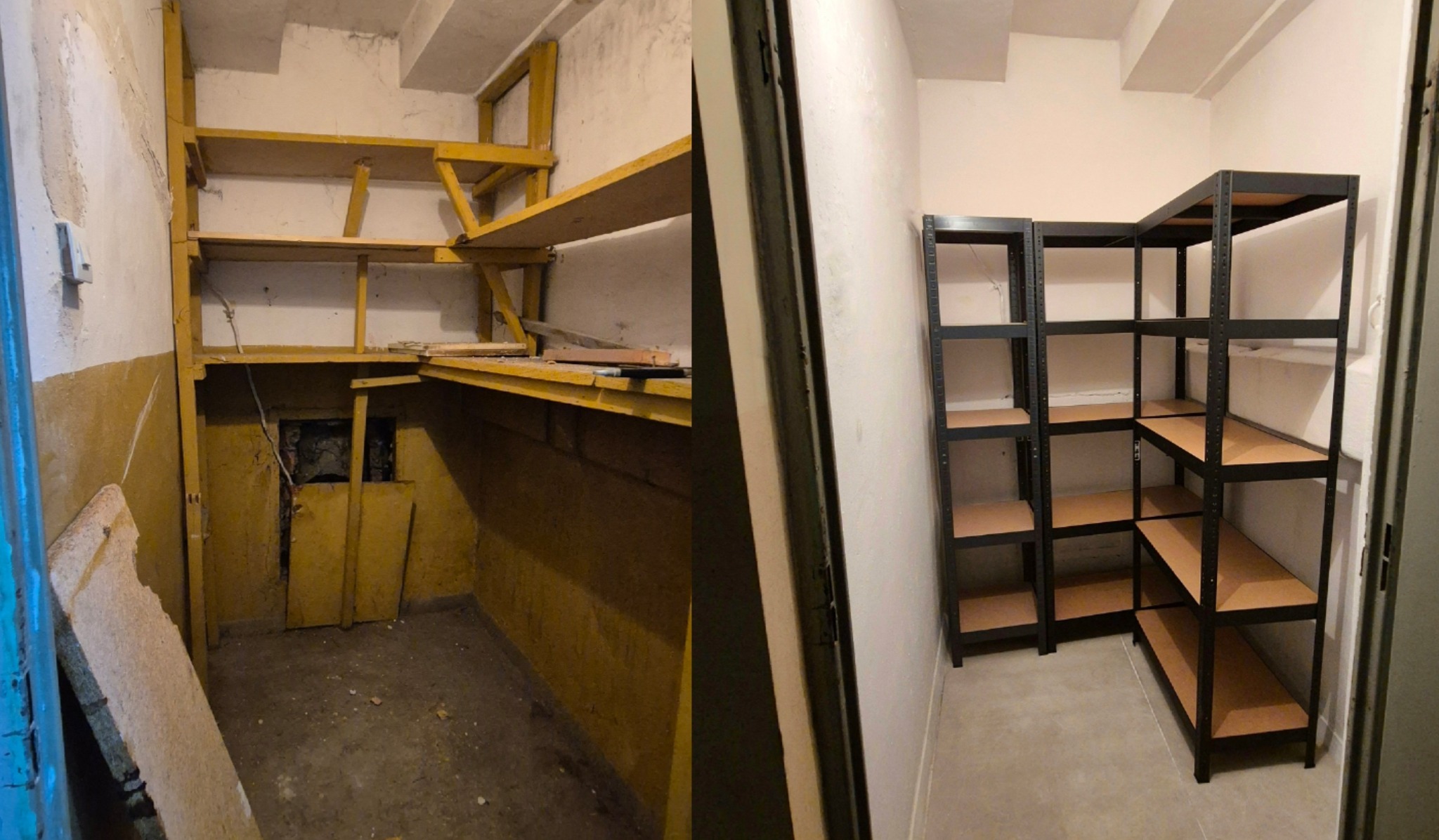 Zdjęcie 'przed i po' przedstawia metamorfozę spiżarni: od zagraconego pomieszczenia z żółtymi, prowizorycznymi półkami do uporządkowanej przestrzeni z czarnymi, metalowymi regałami.