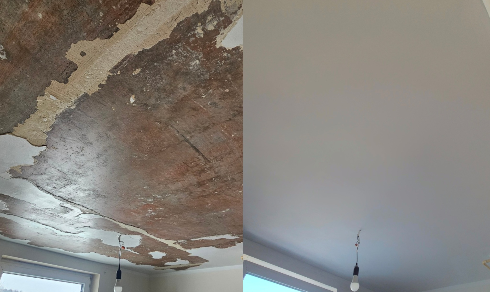 Zdjęcie 'przed i po' przedstawia remontowany sufit. Po lewej stronie sufit z odpadającym tynkiem, po prawej gładki, pomalowany na biało. Widoczna żarówka.