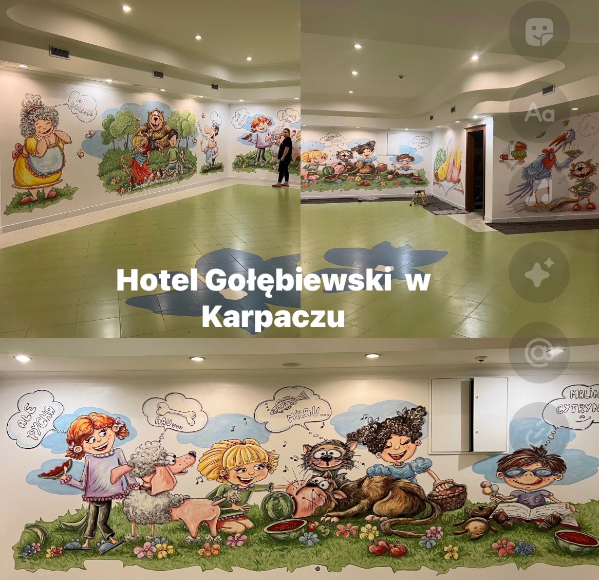 Kolorowe murale z postaciami z bajek zdobią ściany pokoju zabaw w Hotelu Gołębiewski w Karpaczu. Ręcznie malowane ilustracje tworzą radosną atmosferę dla dzieci.