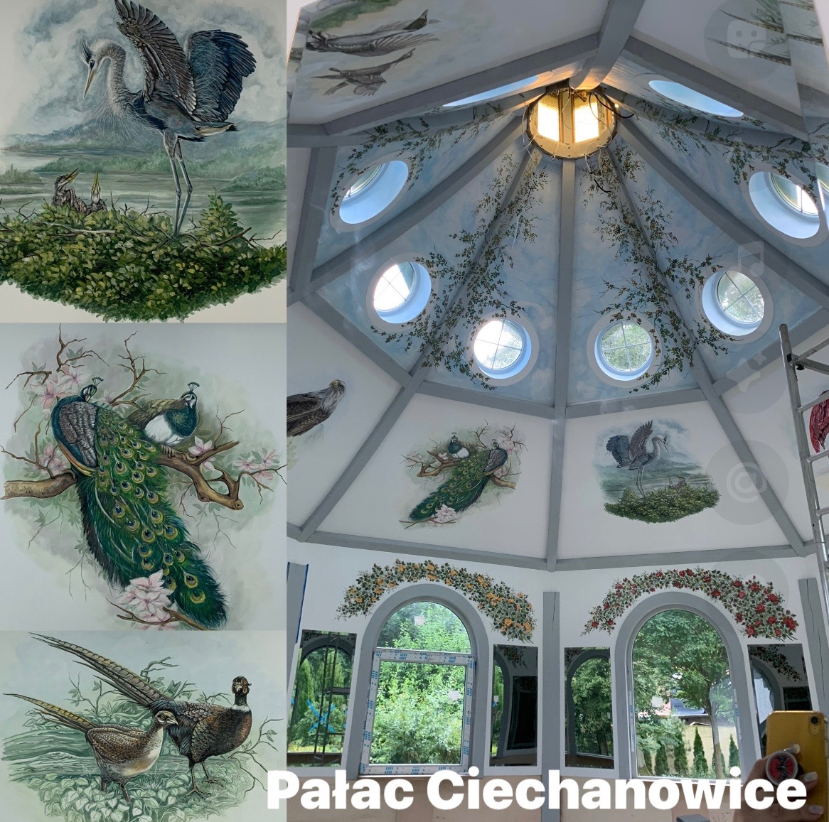 Wnętrze altany z malowidłami ptaków i roślin na ścianach i suficie, okrągłe okna w suficie, dekoracje kwiatowe nad oknami, jasne oświetlenie.