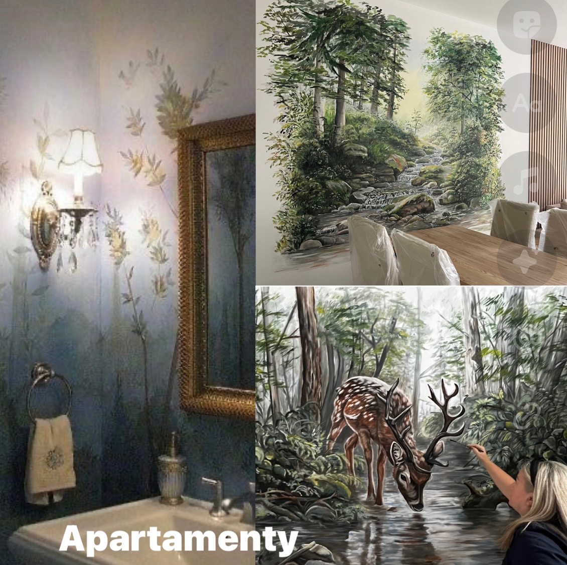 Unikalna kompozycja trzech malowideł ściennych: łazienka w stylu vintage, leśny strumień w jadalni i jeleń w lesie. Artystyczne detale i różnorodność motywów.