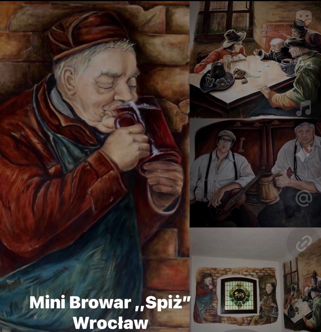 Wieloelementowa kompozycja malarska w Mini Browarze 'Spiż' we Wrocławiu. Sceny rodzajowe, postacie w strojach z epoki, detale architektoniczne. Ciepła kolorystyka, charakterystyczny styl.