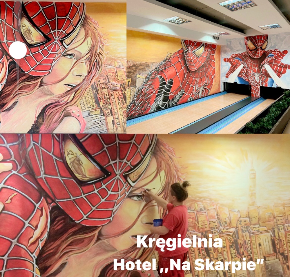 Artystyczne malowanie ścian w kręgielni hotelowej z motywem Spider-Mana i postaci kobiecej, wykonane przez artystę z pędzlem w dłoni.